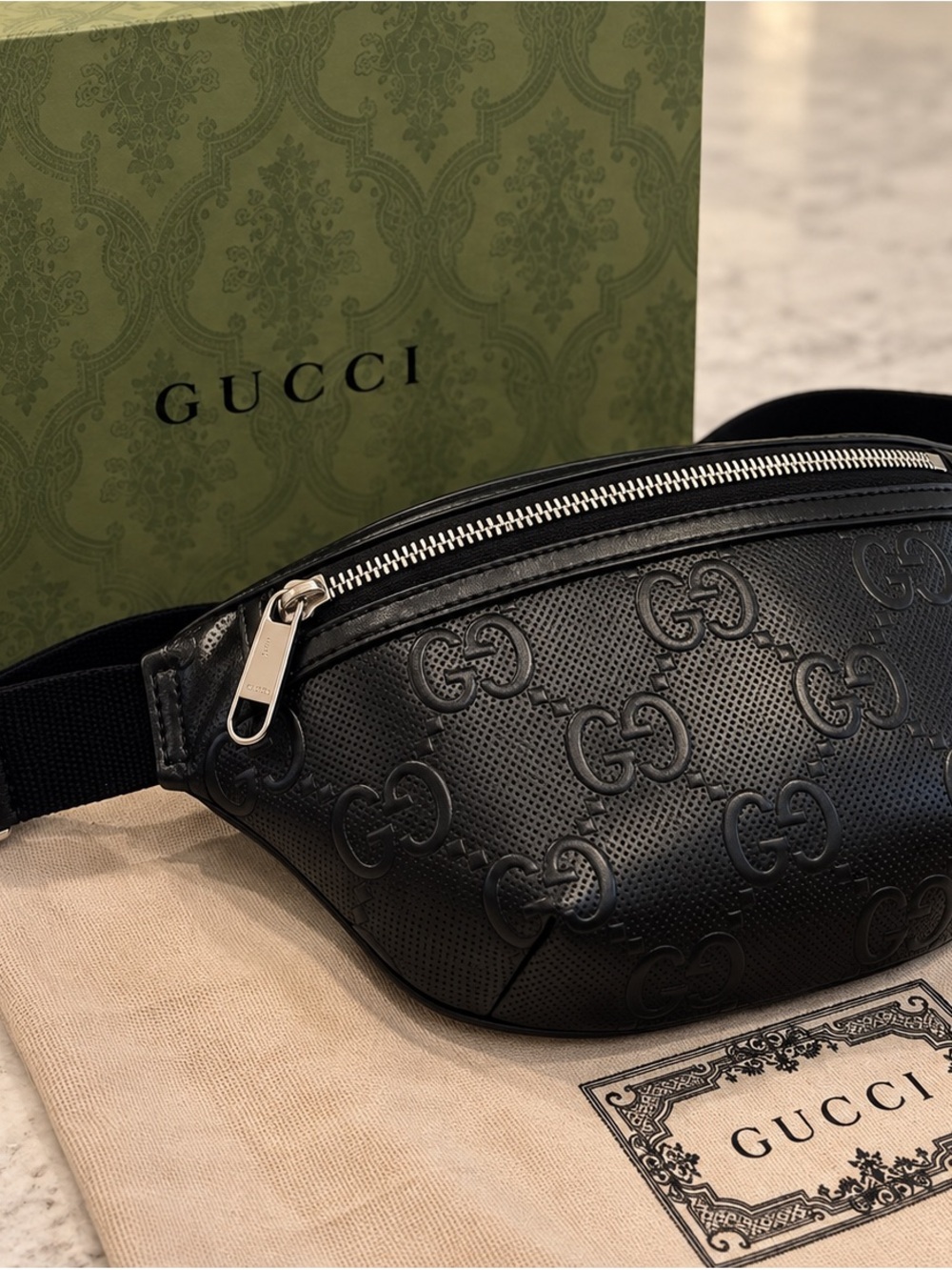 Gucci Black Embossed GG Leather Belt Bag